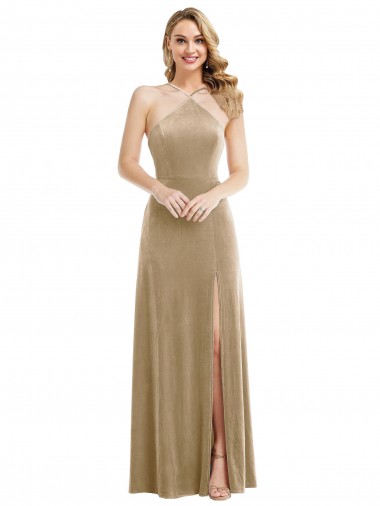 Affordable High Neck Halter Open Back Long Velvet Maxi Prom Dress with Pockets