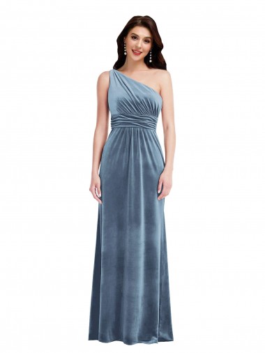 Affordable One Shoulder Draped Velvet Maxi Prom Dress