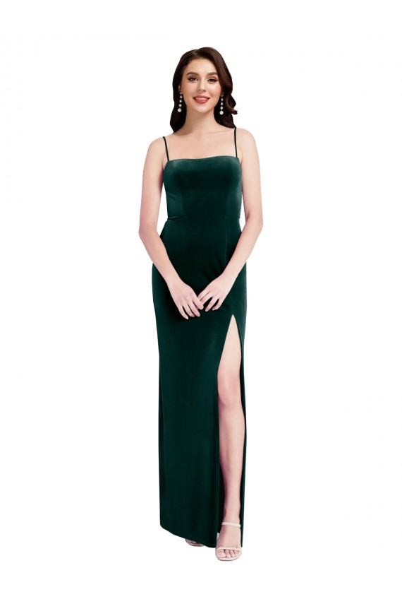 Affordable Straight Neckline Spaghetti Straps Long Velvet Prom Dress with High Side Slit