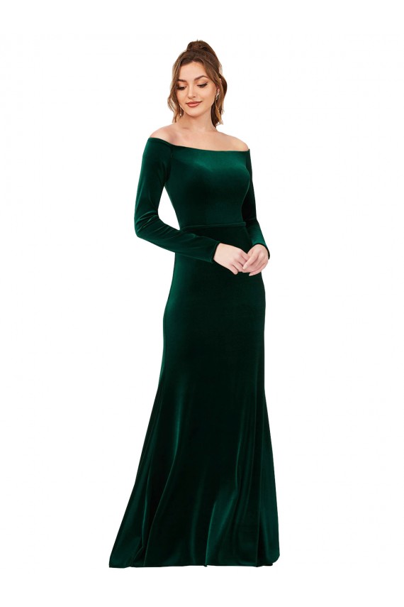 Affordable Off the Shoulder Long Sleeves Stretch Velvet Prom Dress