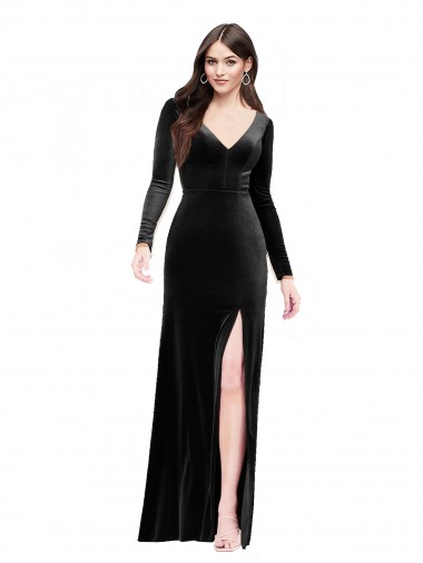 Affordable Long Sleeves Velvet Prom Dress with V-Neckline and Thigh Slit