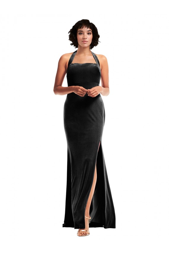 Affordable Empire Waist Stretch Velvet Prom Dress with Halter Strap