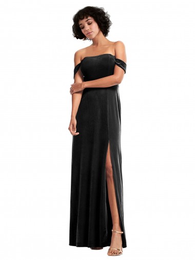 Affordable Off the Shoulder Drapped Sleeves Stretch Velvet Prom Dress