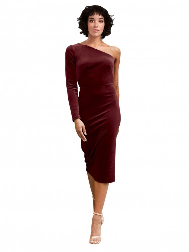 Affordable One Shoulder Fitted Short Midi Length Velvet Prom Dress