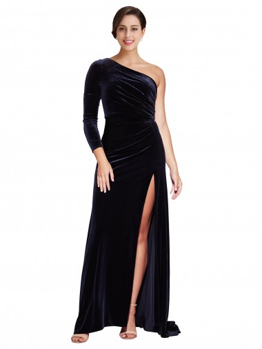 Affordable One Sleeve Long Velvet Prom Dress with Thigh High Split
