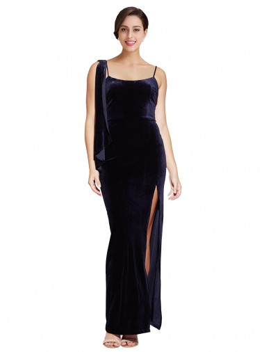 Affordable Long Velvet Prom Dress with Side Thigh Split and Shoulder Tie