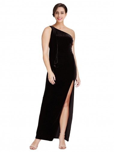 Affordable One Shoulder Long Velvet Prom Dress with Side Split and Shoulder Tie