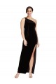 Affordable One Shoulder Long Velvet Prom Dress with Side Split and Shoulder Tie