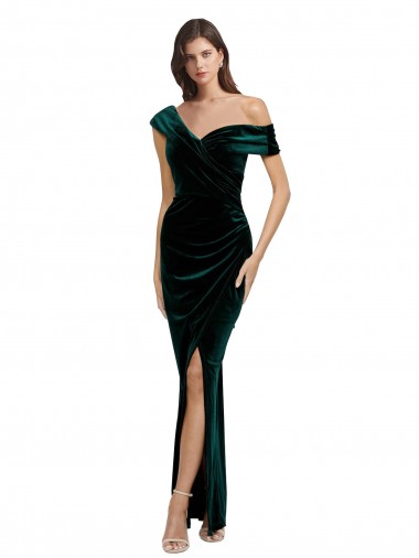 Affordable Long Asymmetric Neckline Ruched Velvet Prom Dress